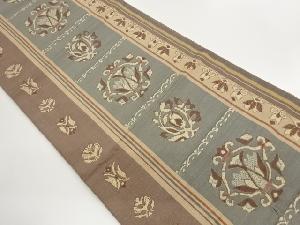 手織り紬縞に抽象花葉模様織出し名古屋帯